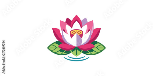 Vibrant Stylized Lotus Flower Illustration with Green Leaves.