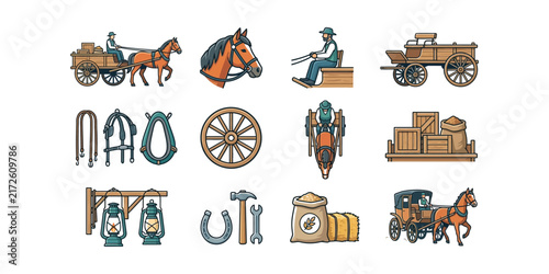 Vintage Western Era Transportation and Farm Life Icons Set.