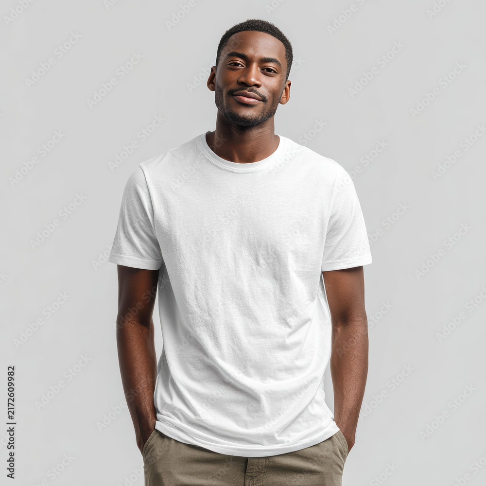 Obraz premium Portrait of confident African male model wearing plain white t-shirt against neutral studio background, versatile fashion and lifestyle stock photo.