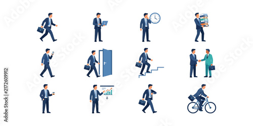 Set of professional business people performing daily work tasks and activities.