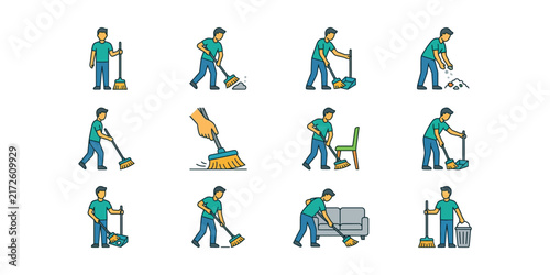 Set of professional cleaning service workers performing various household cleaning tasks.