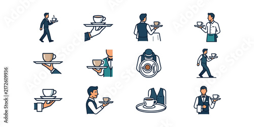 Set of professional waiter icons with coffee cups and trays.