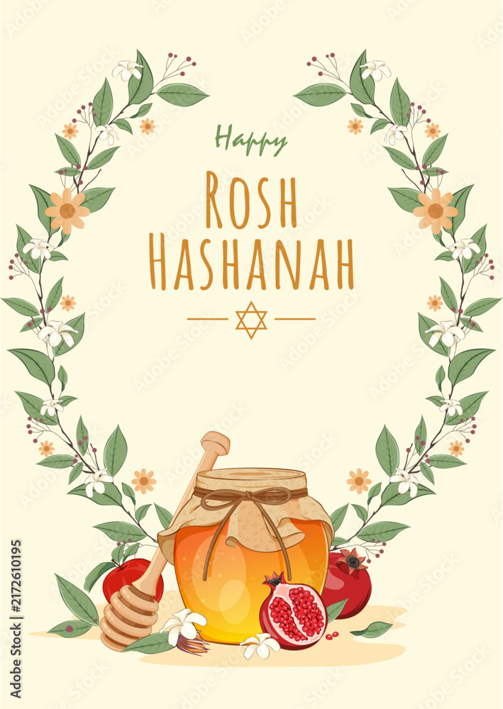 Obraz premium Happy Rosh Hashanah Greeting Poster with Floral Wreath, Honey Jar, Apples, Pomegranate and Jewish Holiday Elements. Editable Vector Illustration. 