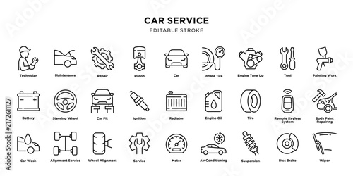 Car service and auto repair line icon set with editable stroke