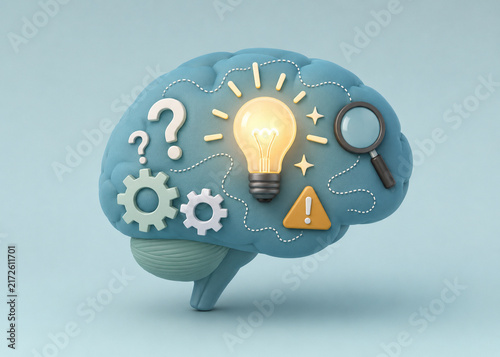 AI generated brain glowing light bulb gears question marks magnifying glass warning symbol representing creativity problem solving research innovation critical thinking