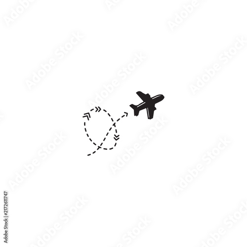Airplane travel flight path icon with airplane aviation vacation transport transportation destination tracking navigation silhouette minimalist interface traveling departure adventure