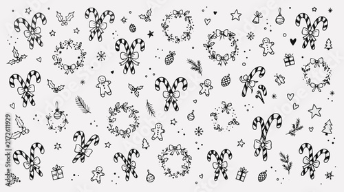 Holiday Candy Cane and Gingerbread Illustrations with Festive Decorations