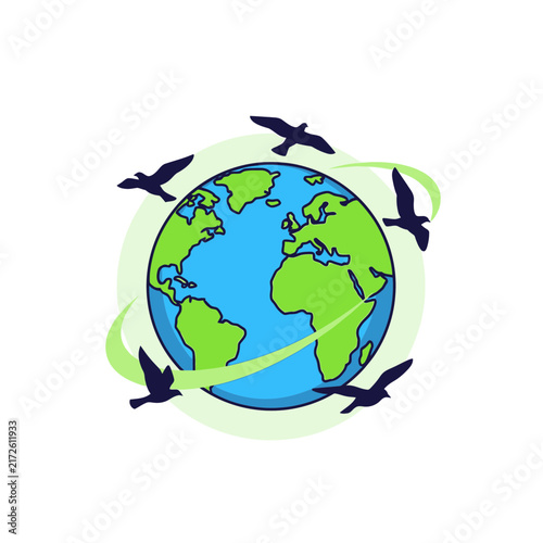 Birds flying around planet earth, freedom concept