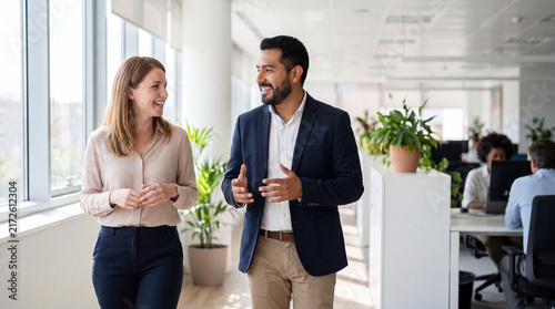 Two business professionals taking a relaxed walk while talking in a bright office hallway for World Mental Health Day, perfect for social media posts.