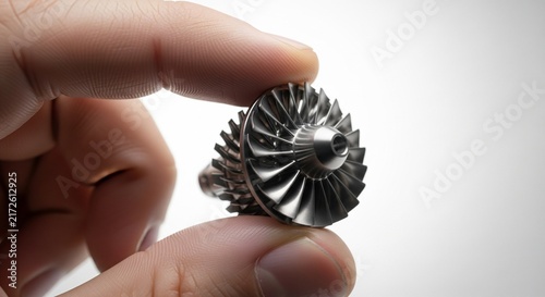 Close-up of small precision metal gear held between fingers for industrial or mechanical projects