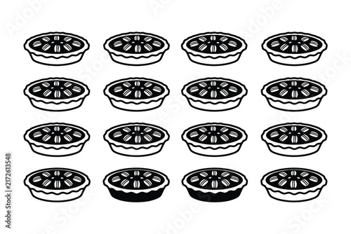 Set of sixteen black and white fruit pie illustrations.