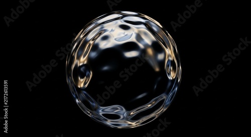 Glossy transparent soap bubble floating against dark background with light reflection