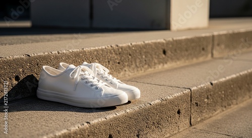 Minimalist white sneaker resting on concrete steps in bright daylight