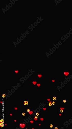 Heart eyes emoji faces floating upward with red hearts with transparent alpha channel, love animation loop, vertical video
