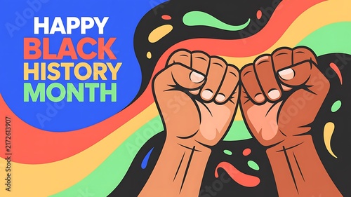 Happy black history month banner with raised fists and colorful abstract background vector illustration