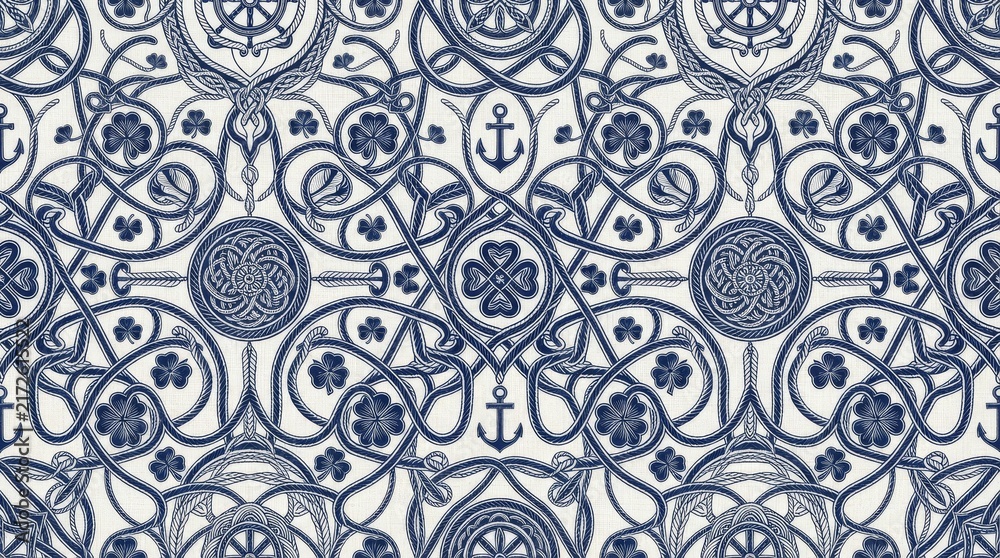Blue and white nautical seamless pattern featuring anchors and decorative baroque motifs anchor design baroque motif seamless