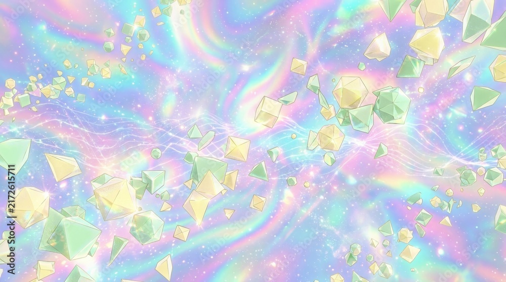 Obraz premium Floating Pastel Geometric Shapes On Abstract Holographic Iridescent Background With Glitter Effect