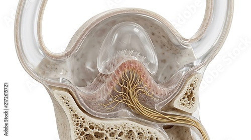 Detailed anatomical cutaway illustration of the semicircular canal ampulla showing the cupula and sensory hair cells connected to the vestibular nerve fibers