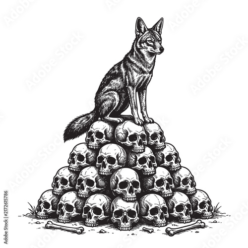 fox sitting human skull pile engraving