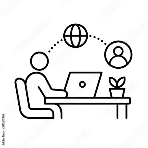 Outsourcing and remote work line icon representing global business communication and online collaboration