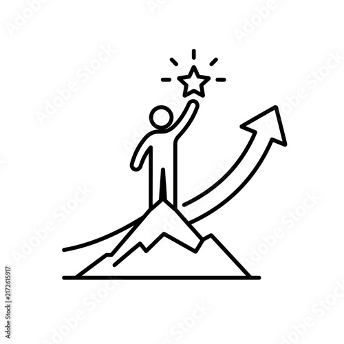Person reaching for a shining star at the peak of a mountain with an upward growth arrow representing business success and professional achievement