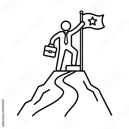 Business success concept icon showing a businessman holding a flag on top of a mountain peak