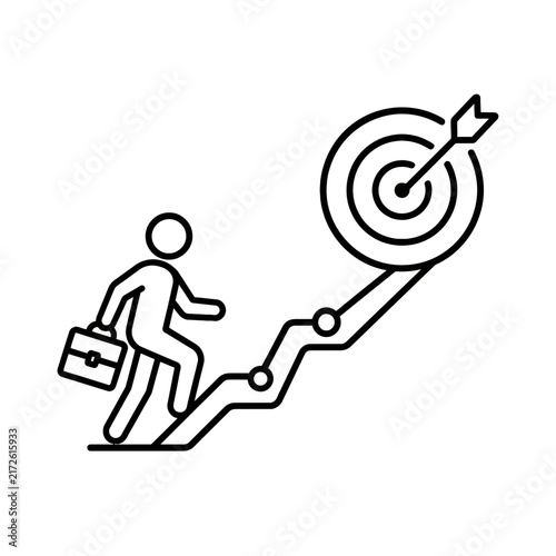 Illustration of a businessman climbing stairs towards a target, symbolizing career growth, success, and achieving goals in a business context