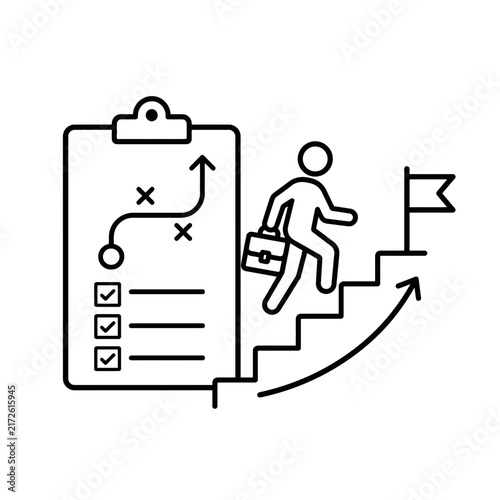 Strategic planning and career advancement illustrated by a figure ascending stairs toward a goal flag with a checklist and roadmap
