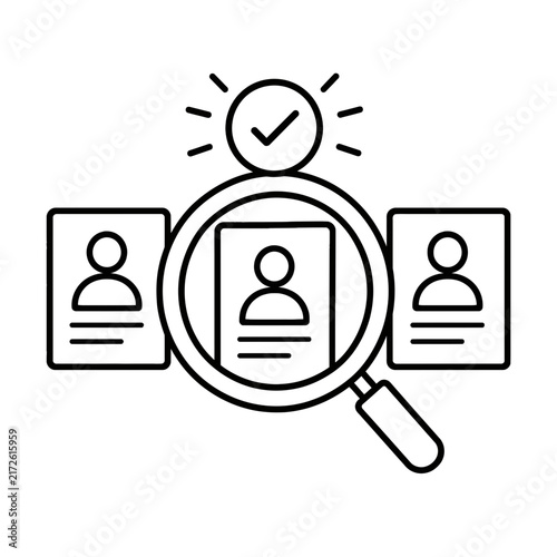 Professional Human Resources Recruitment Icon Showing Candidate Selection and Hiring Process with Magnifying Glass and Checkmark