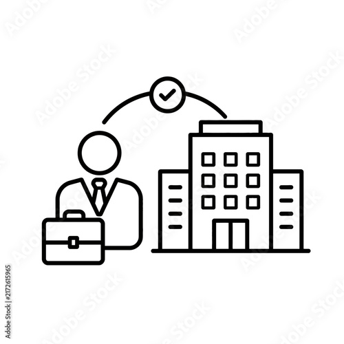 Business Recruitment and Hiring Process Icon with Employee and Office Building in Line Art Style