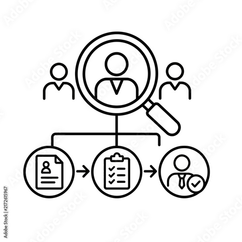 Recruitment process line icon showing candidate selection stages from resume screening to hiring through magnifying glass search illustration