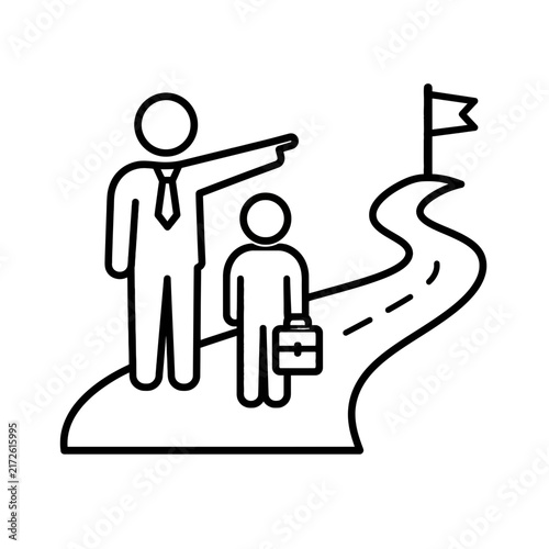 Mentorship and Professional Career Guidance Icon Illustrating a Senior Leader Directing a Junior Employee Towards a Goal
