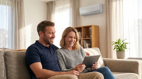 Happy couple using tablet under air conditioner