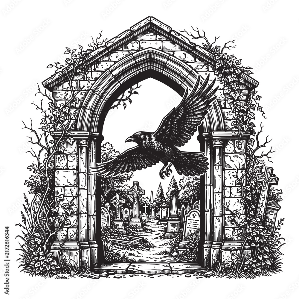 Naklejka premium raven flying gothic archway graveyard engraving