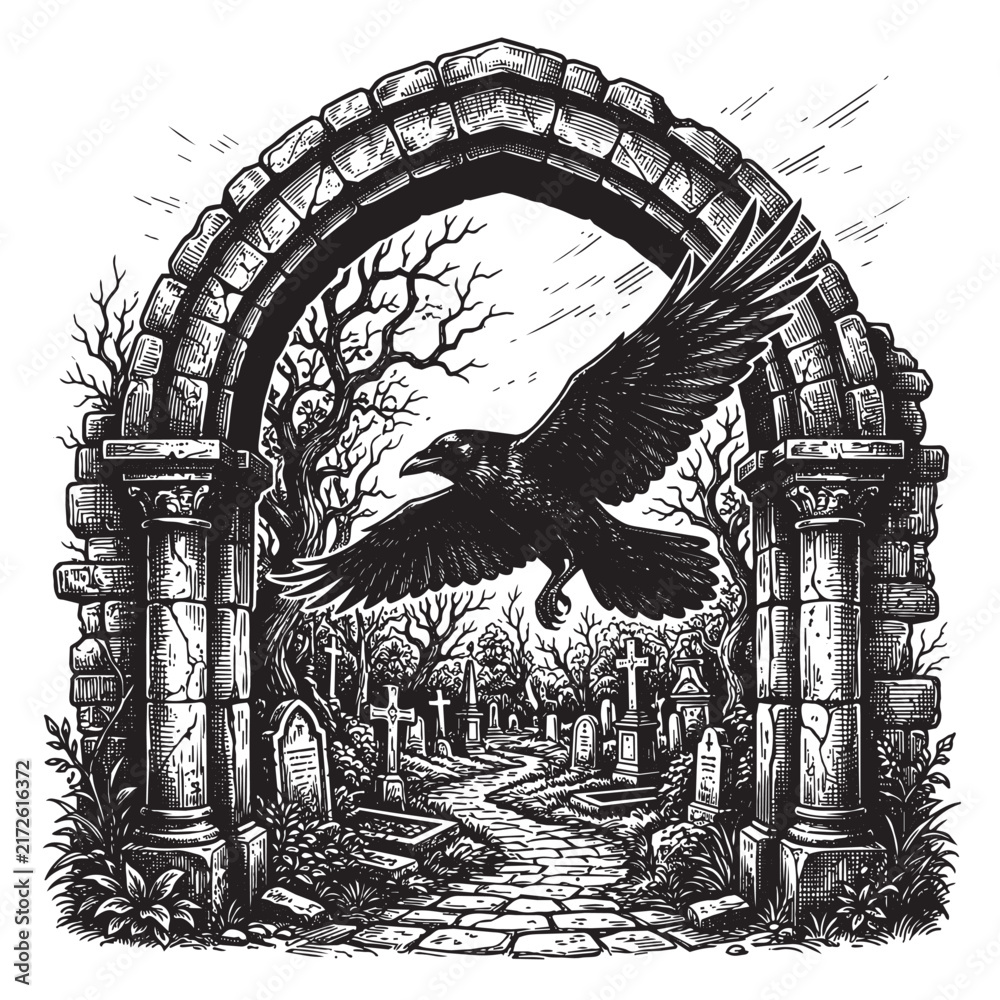Naklejka premium raven flying stone arch cemetery engraving