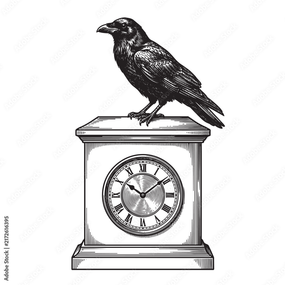 Naklejka premium raven perching mantle clock engraving