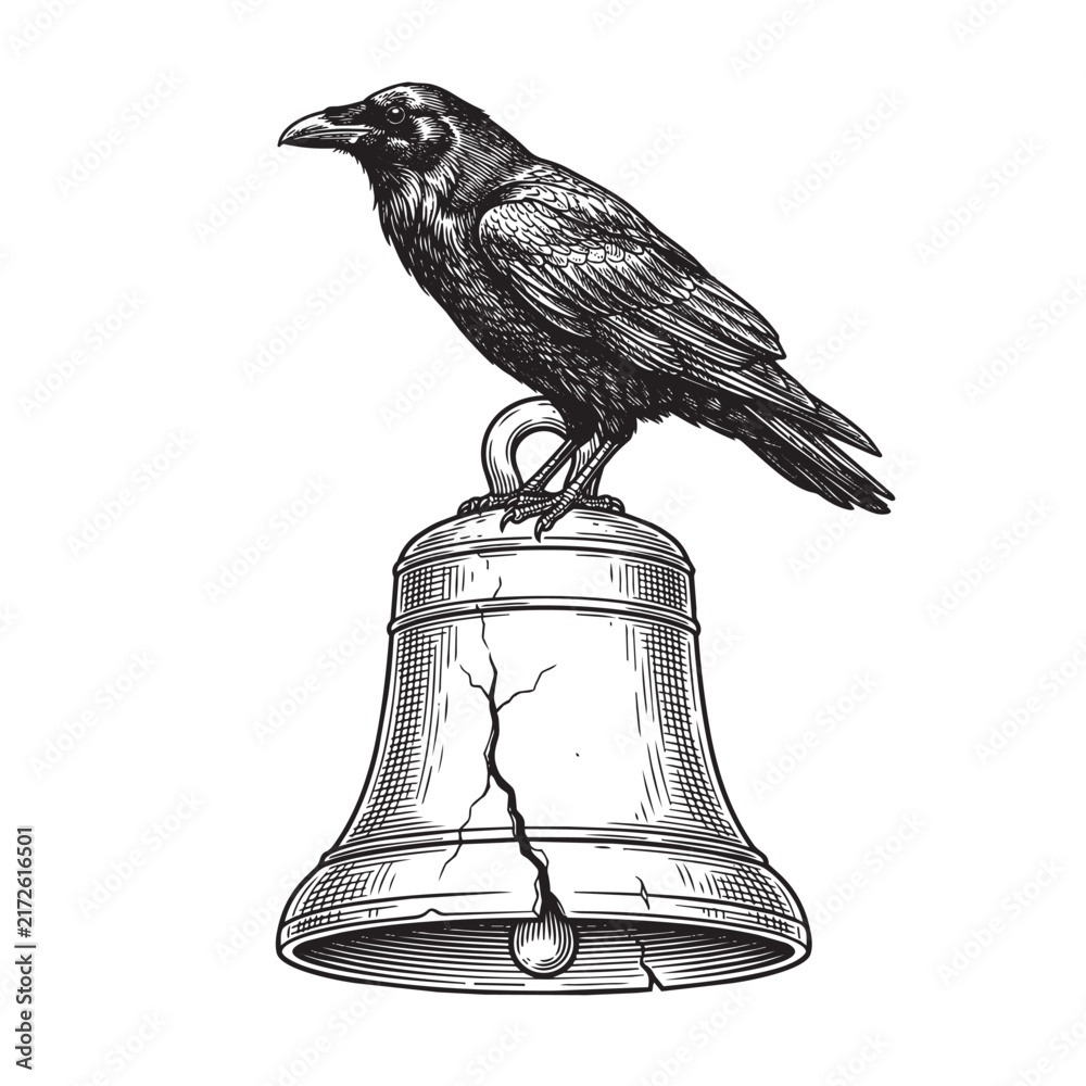 Naklejka premium raven perched cracked iron bell engraving