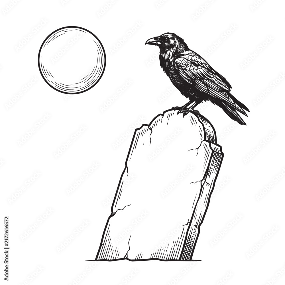Naklejka premium raven perching headstone graveyard engraving