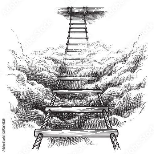rope ladder reaching through clouds engraving