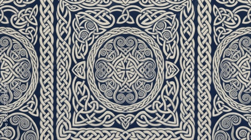 Obraz na płótnie Celtic knotwork pattern with intricate interlocking white geometric lines on a dark blue textile background