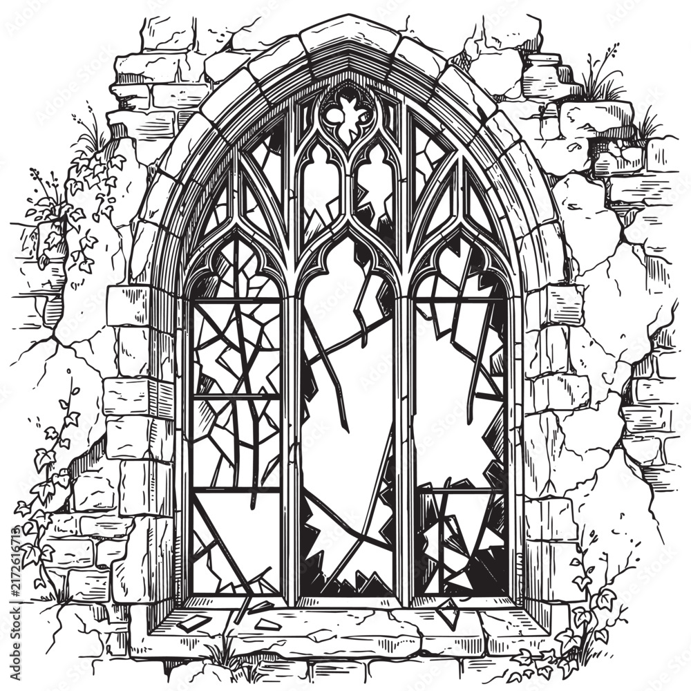 Naklejka premium shattered gothic window stone church ruins engraving