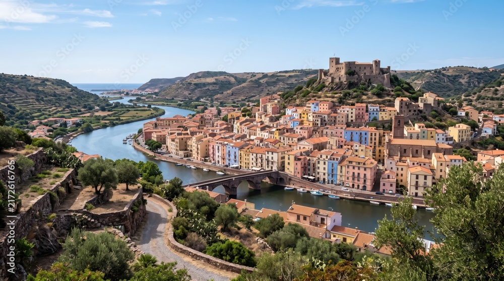 Naklejka premium Italy Bosa Riverside Town Panorama