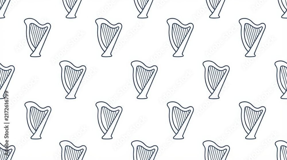 Minimalist hand-drawn style seamless vector pattern with simple black line art illustrations of traditional musical harps