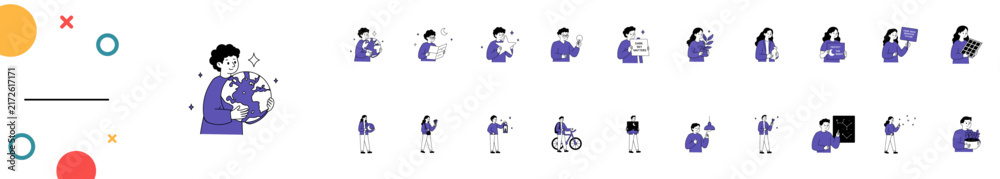 Fototapeta premium A collection of vector illustrations featuring characters promoting dark sky conservation, eco-friendly habits, and awareness about light pollution