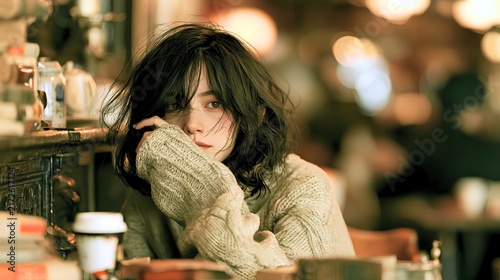 Obraz w ramie カフェで頬杖をつき物思いにふける若い女性、ひとり時間を過ごす日常とライフスタイル