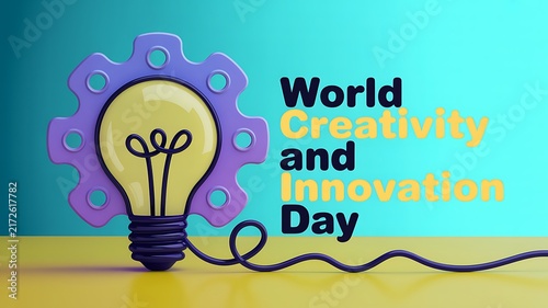 World creativity and innovation day concept with glowing light bulb and gear wheel creativity innovation business