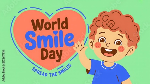 World smile day greeting card illustration with a smiling boy waving against a green heart background