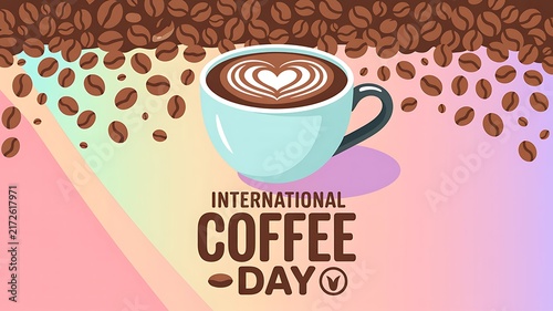 International coffee day typography design with ceramic cup of cappuccino and coffee beans background