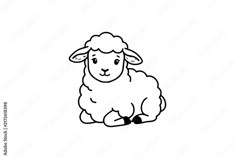 Obraz premium Cute baby lamb sitting with fluffy wool coat floppy ears and gentle expressive face isolated on white background vector illustration