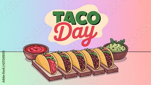 Taco day celebration vector illustration showing multiple stuffed tacos with salsa and guacamole bowls